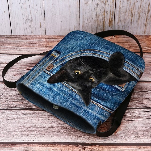 Cute Black Cat Denim Print Crossbody Bag - Image 7