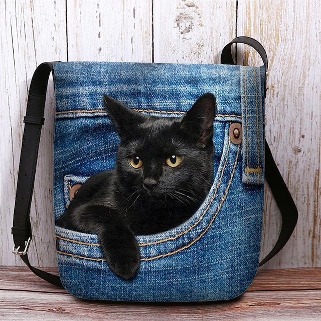 Cute Black Cat Denim Print Crossbody Bag - Image 8