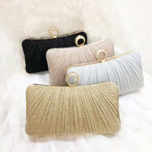 Elegant Gold Glitter Evening Clutch Bag with Rhinestone Ring