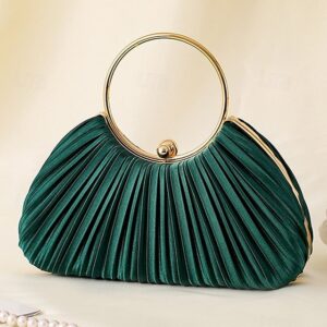 Green Elegant Pleated Velvet Clutch with Gold Ring Handle