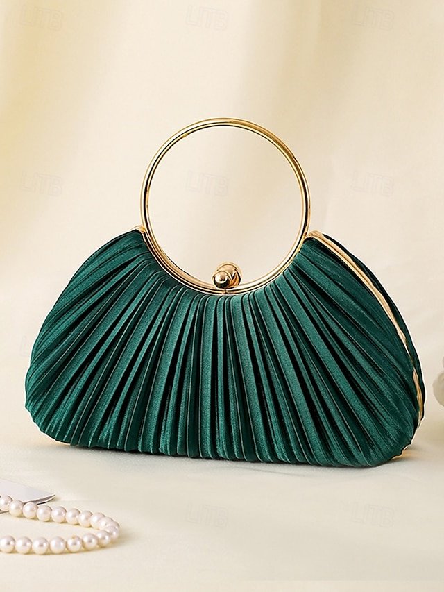 Green Elegant Pleated Velvet Clutch with Gold Ring Handle