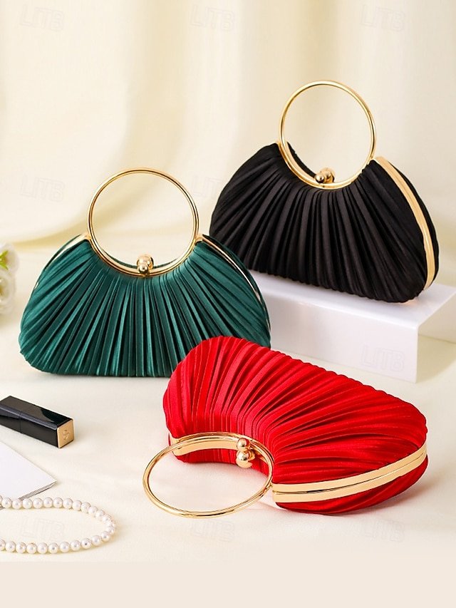 Green Elegant Pleated Velvet Clutch with Gold Ring Handle - Image 2