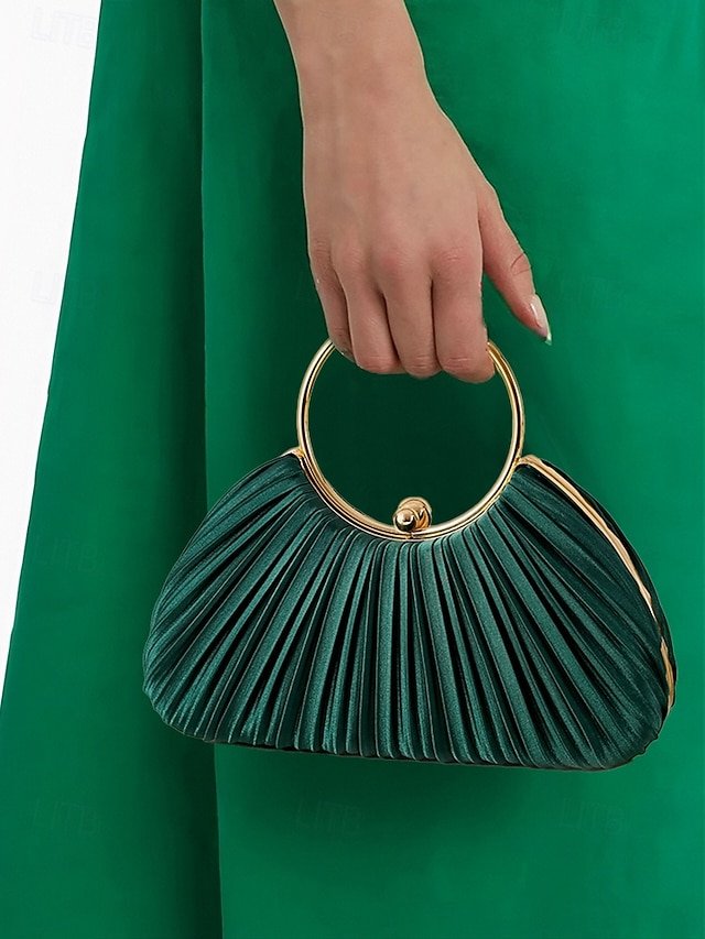 Green Elegant Pleated Velvet Clutch with Gold Ring Handle - Image 3