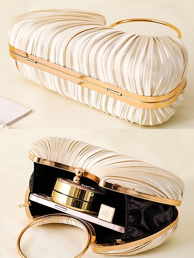 Green Elegant Pleated Velvet Clutch with Gold Ring Handle - Image 6