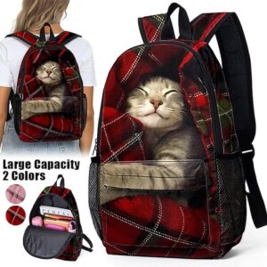 Large-Capacity Cat Print Backpack with Red Plaid Design