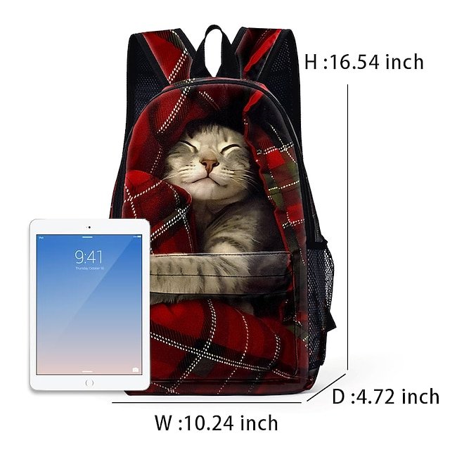 Large-Capacity Cat Print Backpack with Red Plaid Design - Image 2