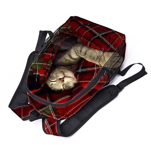 Large-Capacity Cat Print Backpack with Red Plaid Design - Image 4