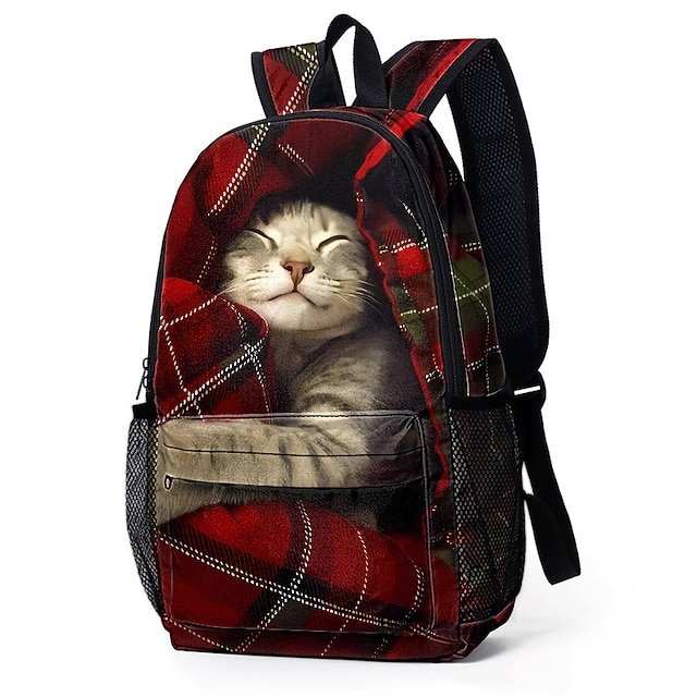 Large-Capacity Cat Print Backpack with Red Plaid Design - Image 5