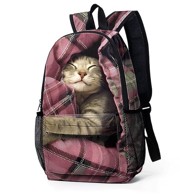 Large-Capacity Cat Print Backpack with Red Plaid Design - Image 6