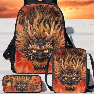 Men’s 3-Piece Dragon Backpack Set with Flame Print