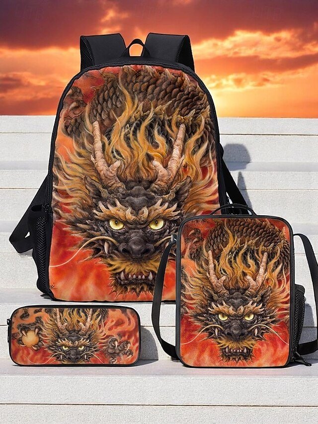 Men’s 3-Piece Dragon Backpack Set with Flame Print