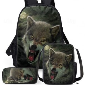 Men’s 3-Piece Wolf Design Backpack Set