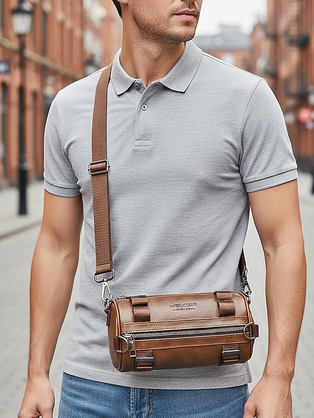 Men’s Black & Brown Faux Leather Crossbody Bag - Image 2