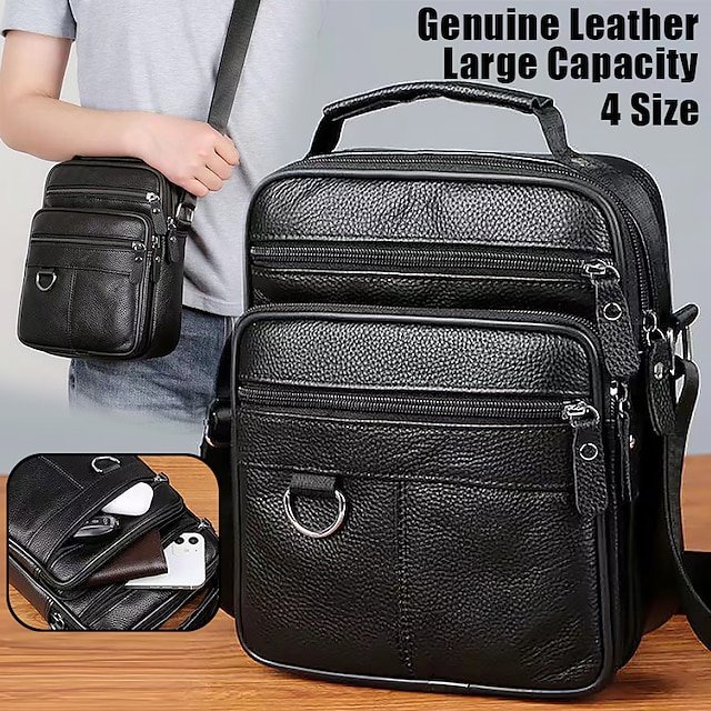 Men’s Black Leather Crossbody Messenger Bag
