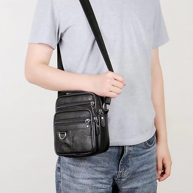 Men’s Black Leather Crossbody Messenger Bag - Image 2