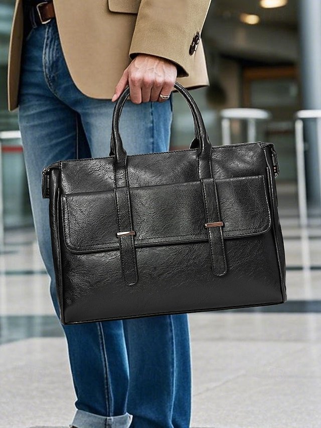 Men’s Black Leather Tote Briefcase - Image 2