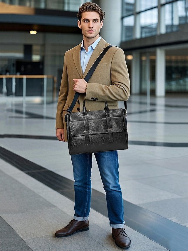 Men’s Black Leather Tote Briefcase - Image 3