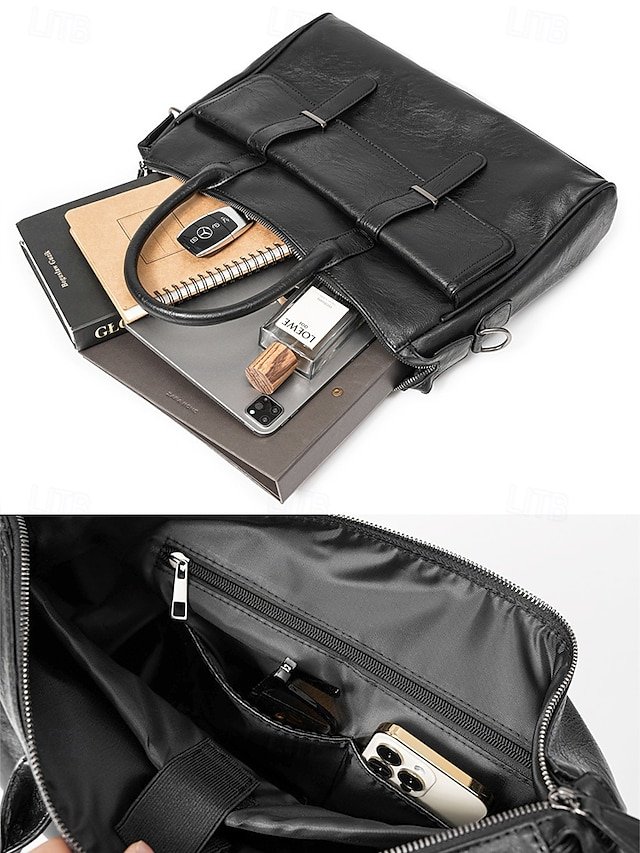 Men’s Black Leather Tote Briefcase - Image 6