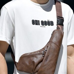 Alternative view of Men’s Brown Faux Leather Crossbody Sling Bag with Zipper