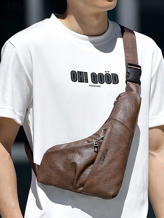 Men’s Brown Faux Leather Crossbody Sling Bag with Zipper - Image 2