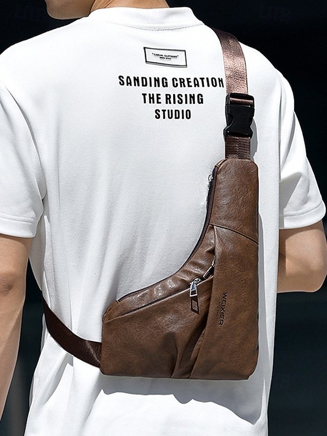 Men’s Brown Faux Leather Crossbody Sling Bag with Zipper - Image 3
