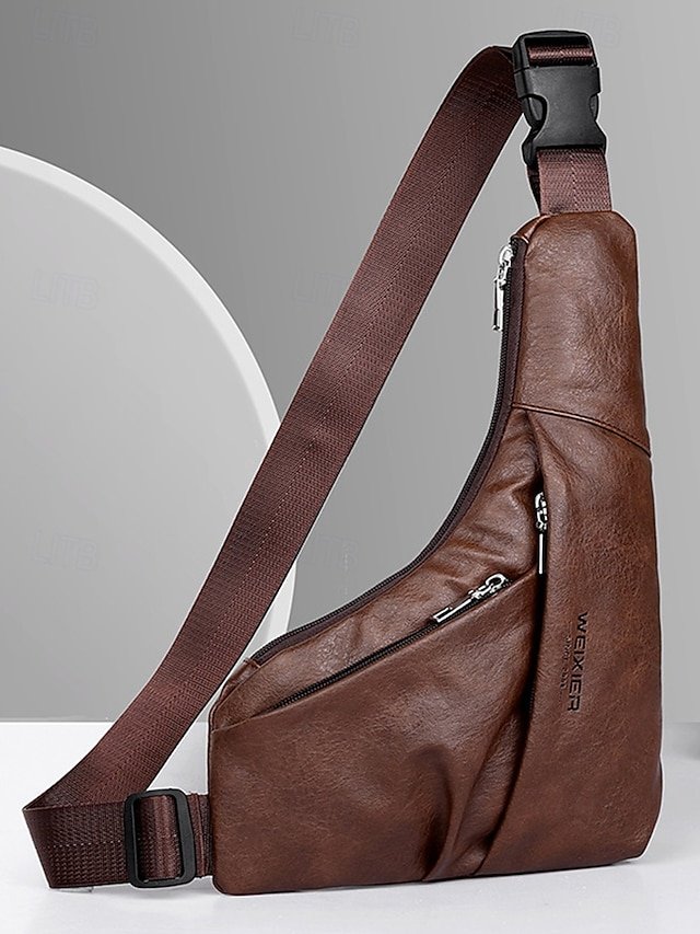Men’s Brown Faux Leather Crossbody Sling Bag with Zipper - Image 4