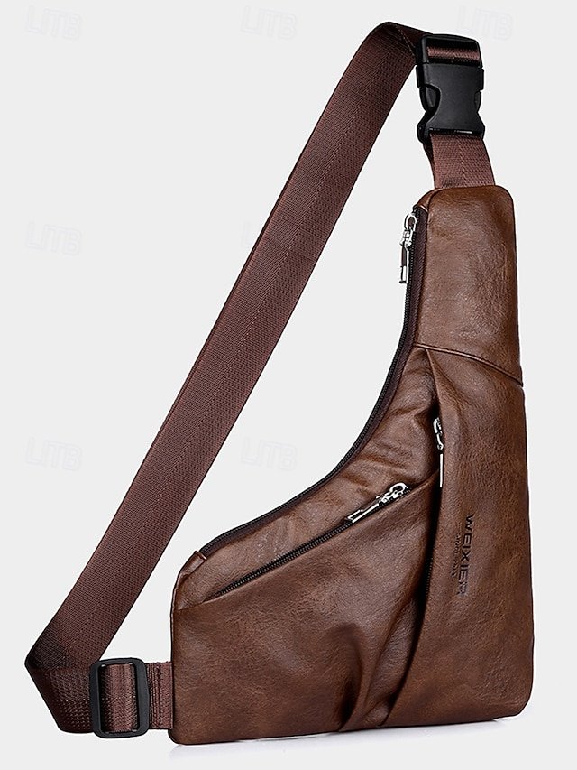 Men’s Brown Faux Leather Crossbody Sling Bag with Zipper - Image 5