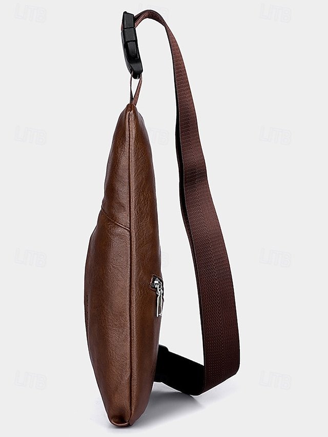 Men’s Brown Faux Leather Crossbody Sling Bag with Zipper - Image 6