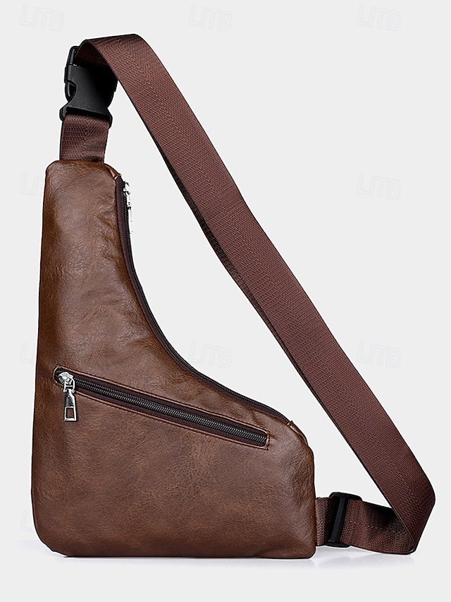 Men’s Brown Faux Leather Crossbody Sling Bag with Zipper - Image 7