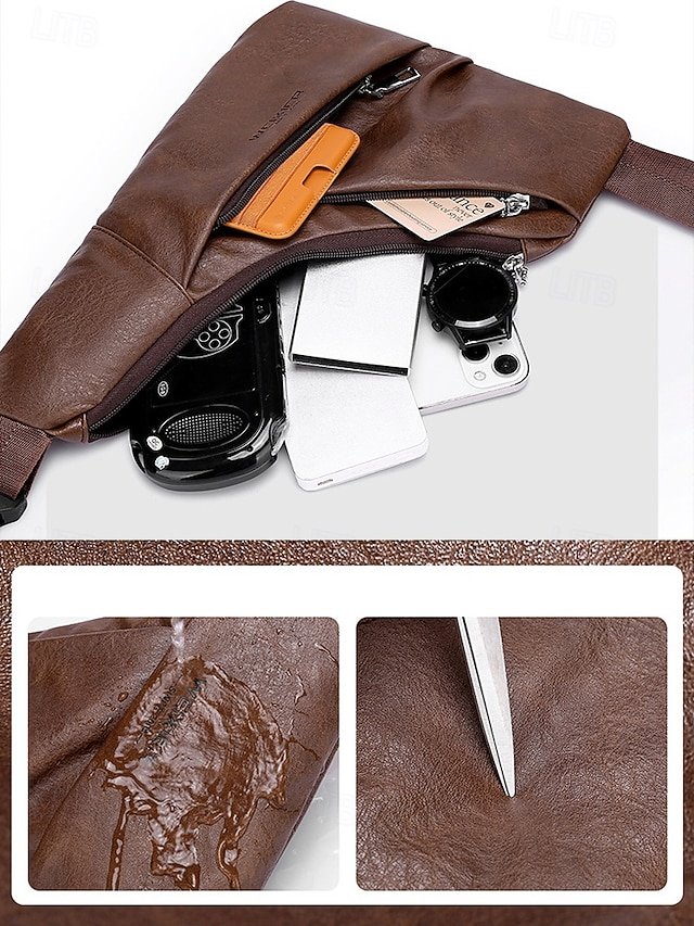 Men’s Brown Faux Leather Crossbody Sling Bag with Zipper - Image 8