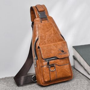Men’s Brown Faux Leather Crossbody Sling Bag with Buckle