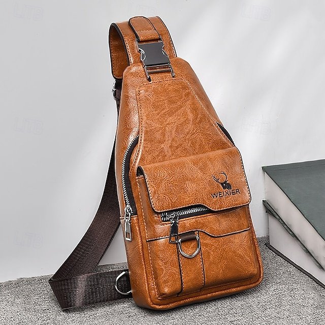 Men’s Brown Faux Leather Crossbody Sling Bag with Buckle