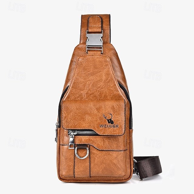 Men’s Brown Faux Leather Crossbody Sling Bag with Buckle - Image 2