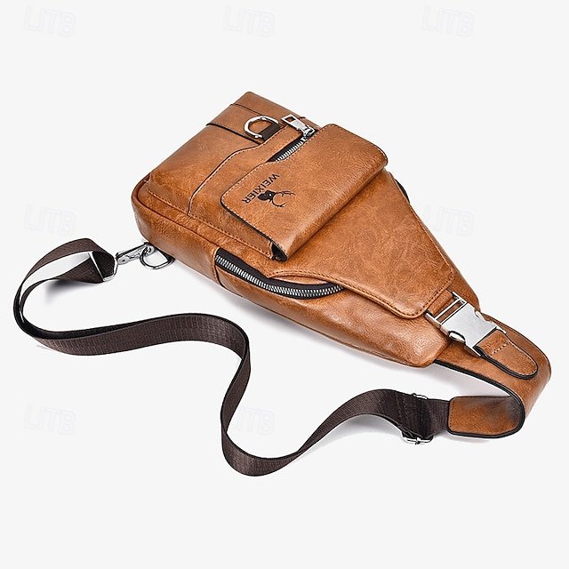 Men’s Brown Faux Leather Crossbody Sling Bag with Buckle - Image 3