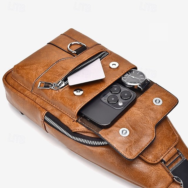 Men’s Brown Faux Leather Crossbody Sling Bag with Buckle - Image 4