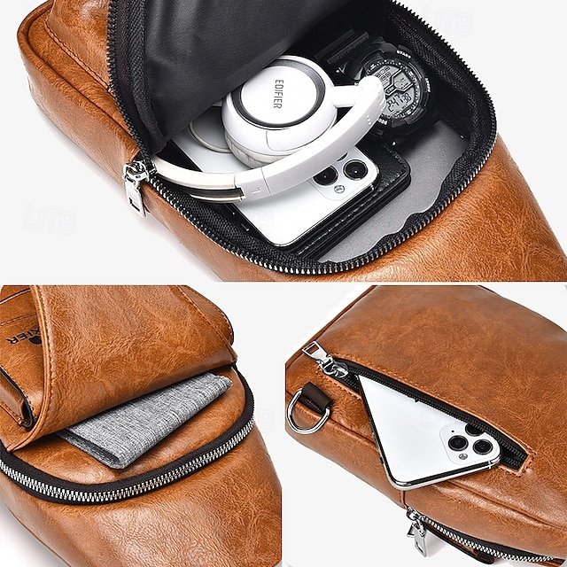 Men’s Brown Faux Leather Crossbody Sling Bag with Buckle - Image 5