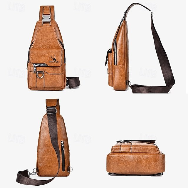 Men’s Brown Faux Leather Crossbody Sling Bag with Buckle - Image 7