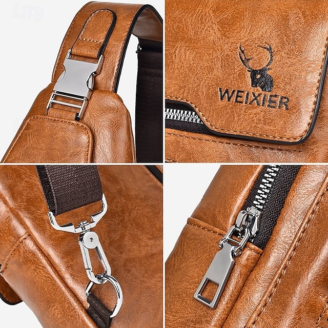 Men’s Brown Faux Leather Crossbody Sling Bag with Buckle - Image 8