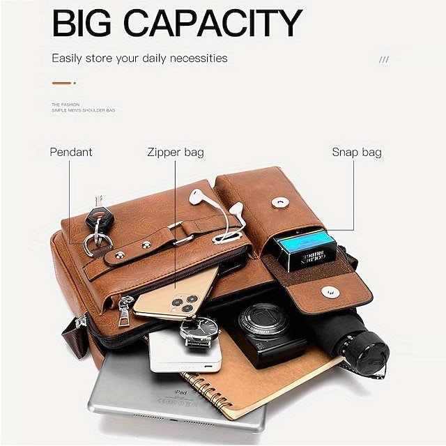 Men’s Brown Faux Leather Messenger Bag - Image 4