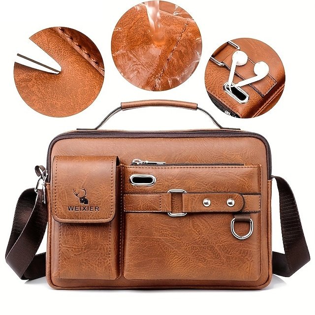 Men’s Brown Faux Leather Messenger Bag - Image 7