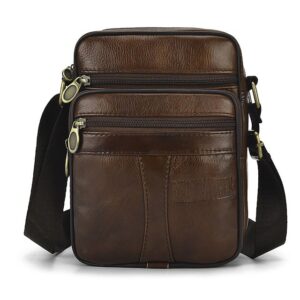 Men’s Brown Leather Crossbody Bag with Multiple Zipper