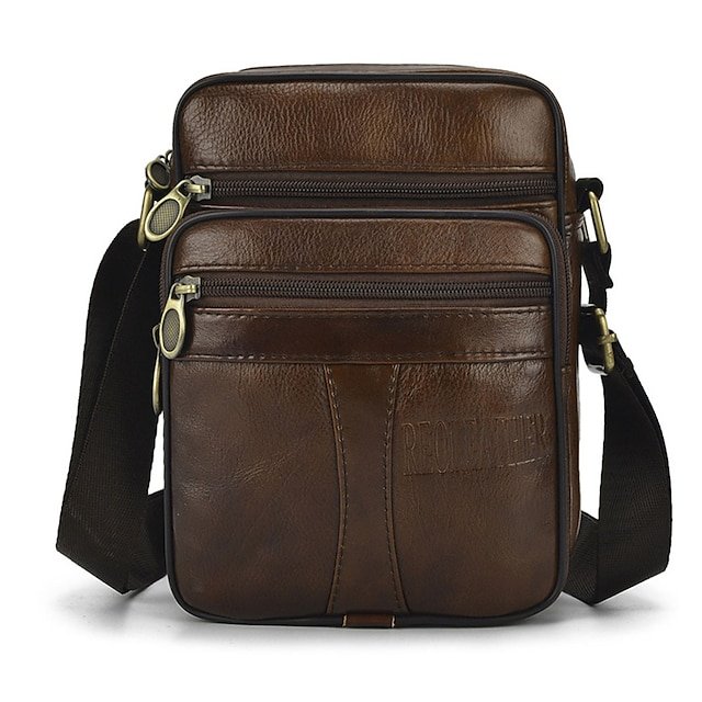 Men’s Brown Leather Crossbody Bag with Multiple Zipper