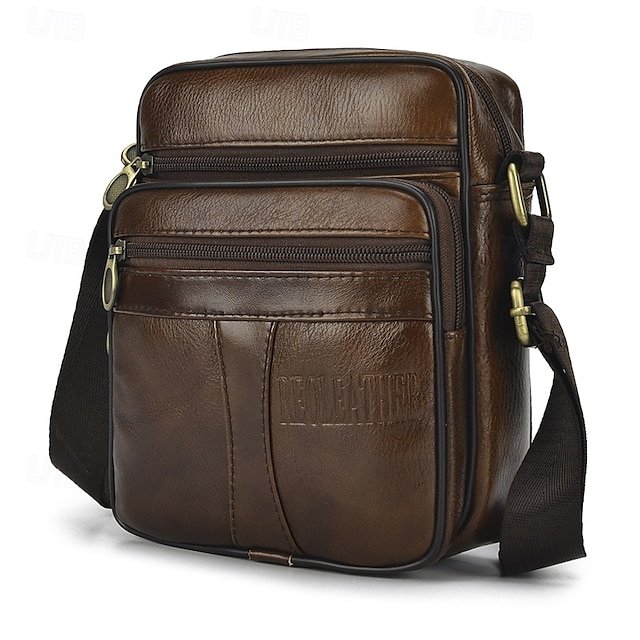 Men’s Brown Leather Crossbody Bag with Multiple Zipper - Image 2