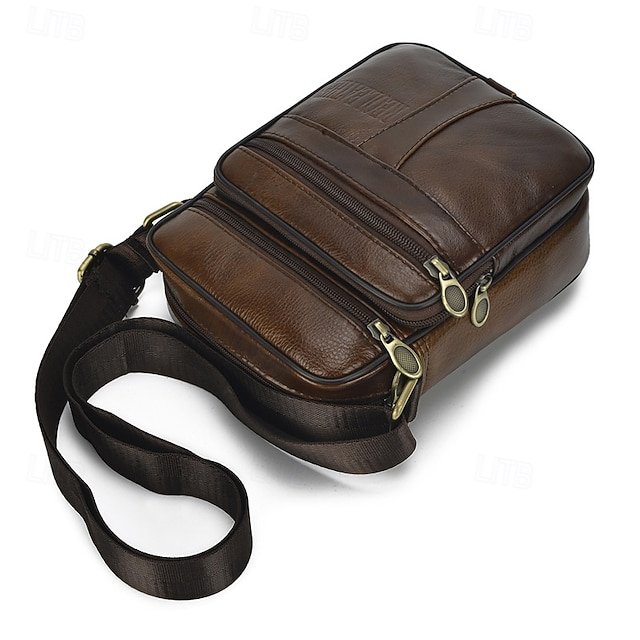 Men’s Brown Leather Crossbody Bag with Multiple Zipper - Image 3