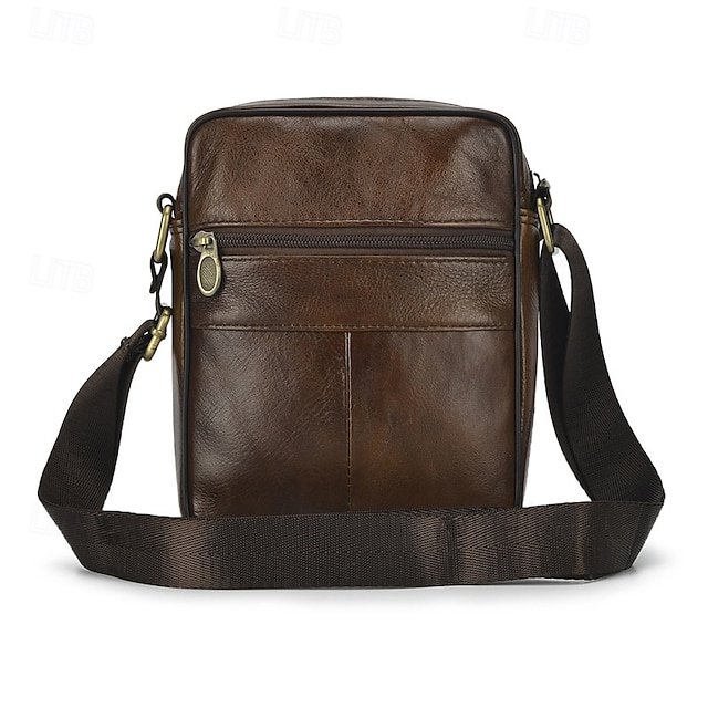 Men’s Brown Leather Crossbody Bag with Multiple Zipper - Image 4