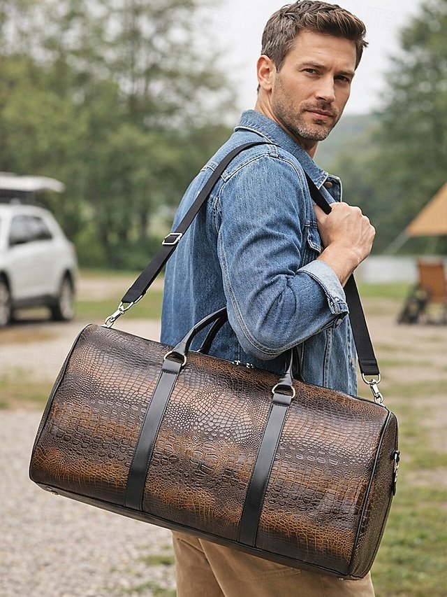 Men’s Crocodile Pattern Faux Leather Weekender Bag - Image 2