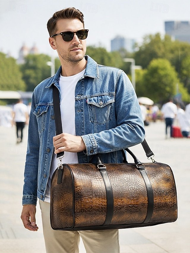 Men’s Crocodile Pattern Faux Leather Weekender Bag - Image 3