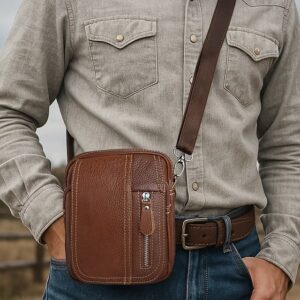 Men’s Genuine Leather Messenger Bag with Zipper Pocket
