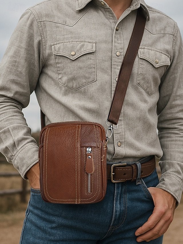 Men’s Genuine Leather Messenger Bag with Zipper Pocket