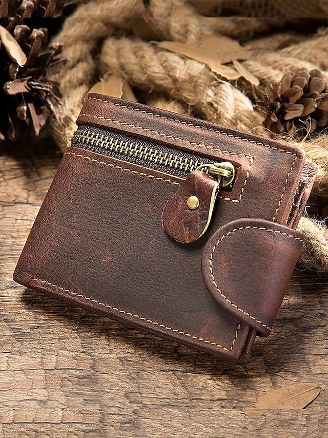 Men’s Vintage Brown Leather Wallet with Zipper Pocket